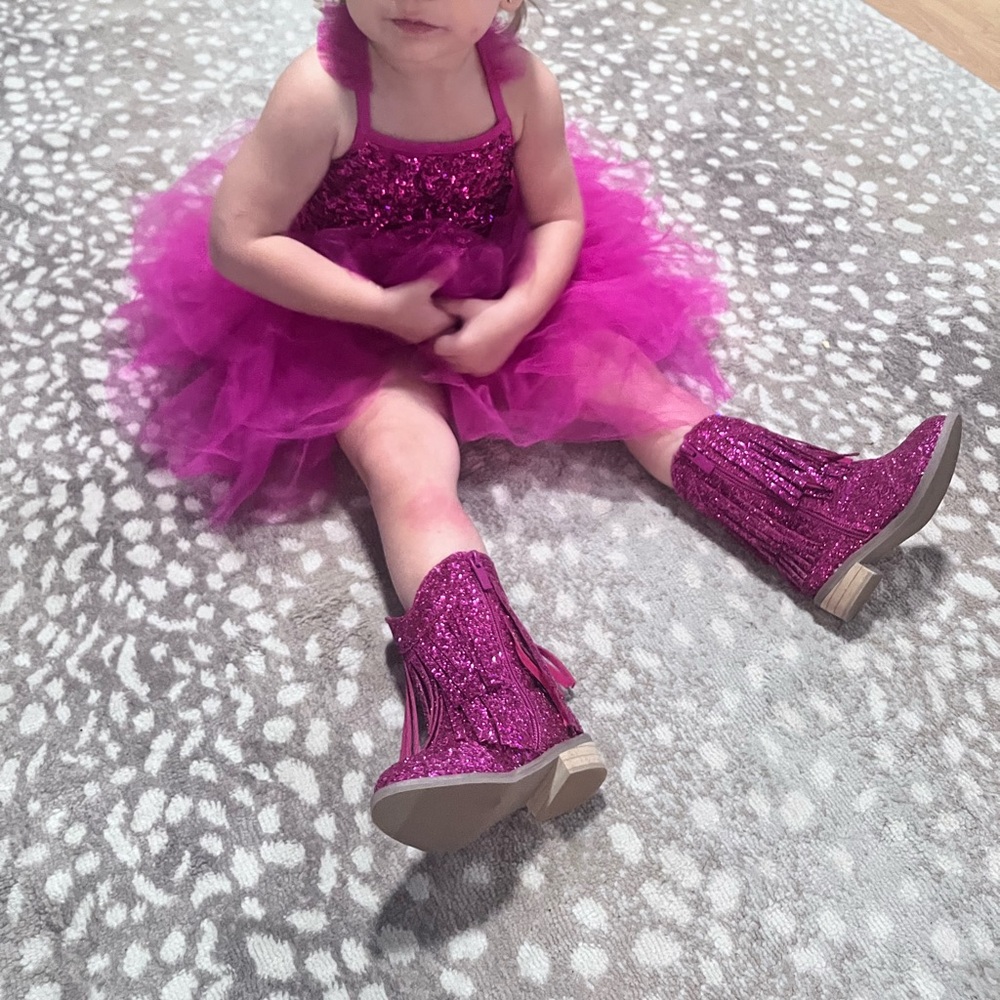 Bums & Roses Pink Glitter Fringe Cowgirl Boots.